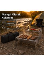 E-Camp Katlanabilir Kamp Mangalı – 50 x 32 cm | 20 cm Yükseklik | Ekstra Üst Izgaralı | Taşıma Çantalı - Görsel 4